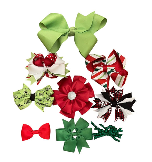 Lot of 9 Holiday Hair Bows Clip Ribbons Grils Grinch Striped