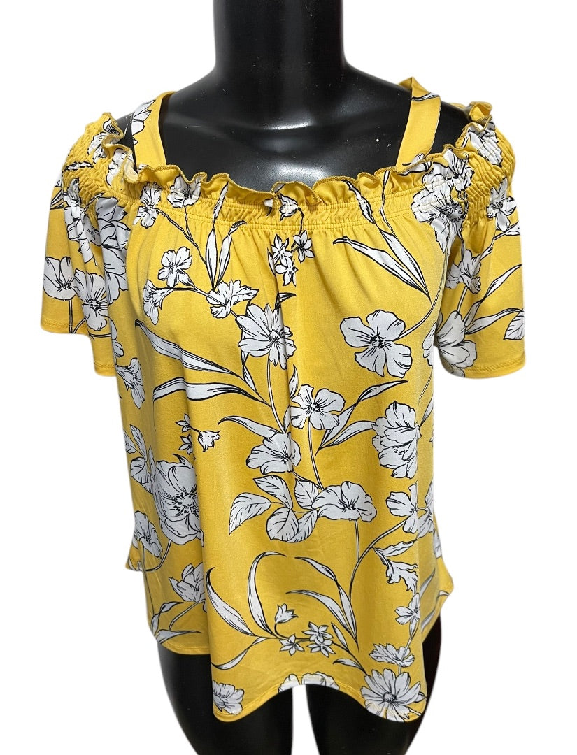 Large PerSeption Concept Floral Off Shoulder Womens Shirt Yellow