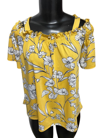 Large PerSeption Concept Floral Off Shoulder Womens Shirt Yellow