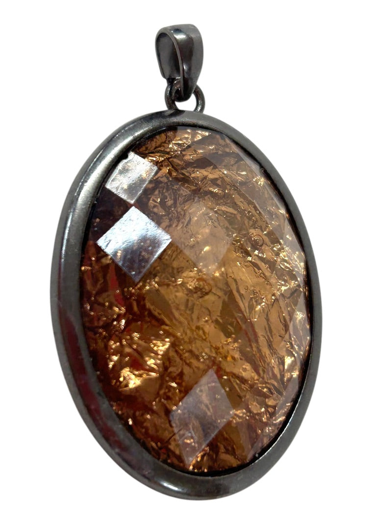 Statement Pendant Pewter Color Faceted Acrylic Copper Color Oval 2" x 1.25"