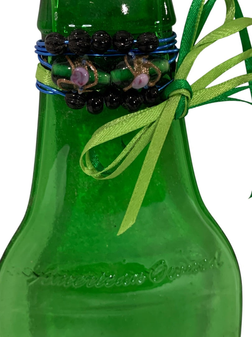 Upcycled Flattened Green Glass Bottle Decorative Neck Ribbon Beads 9.5 Inches