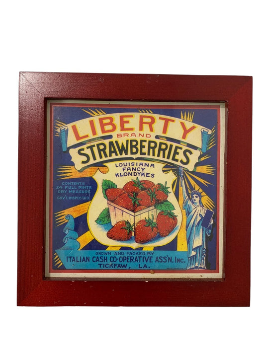 Framed Retro Style Label Strawberries 7.1 Inch Square