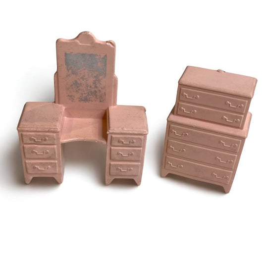 1950s Pink Miniature Dollhouse Vanity Bureau Set Bedroom 1:24
