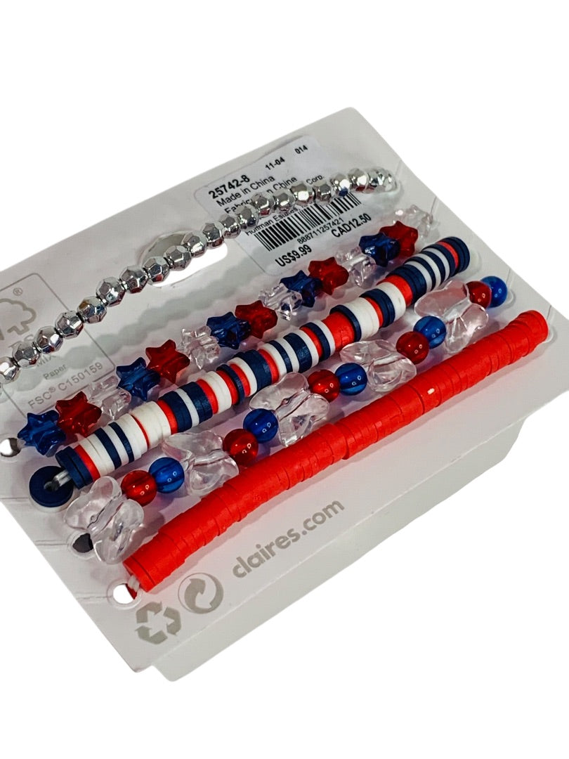Claires New Set of 5 Beaded Stretch Bracelets Patriotic USA
