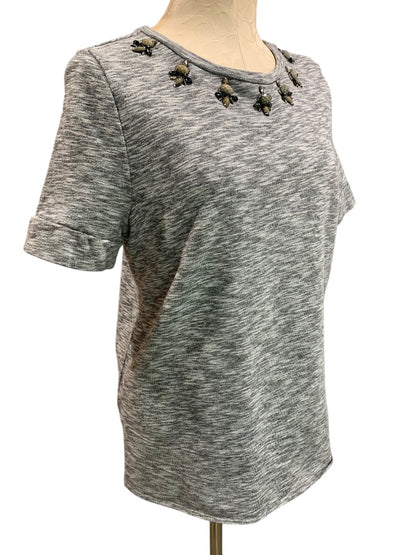 Large Petite Ann Taylor Loft Embellished Terry Short Sleeve Shirt Gray