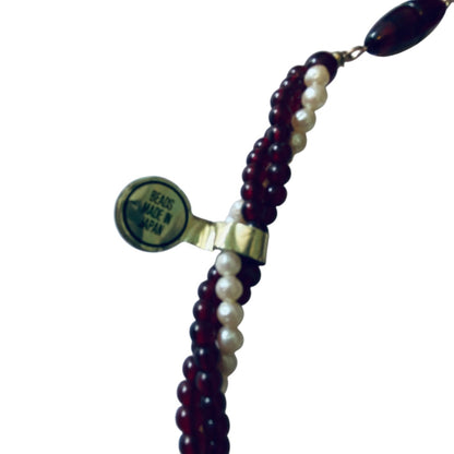 Vintage Twist Multistrand Necklace Burgundy Cream Beading 18 Inch Barrel Screw Clasp