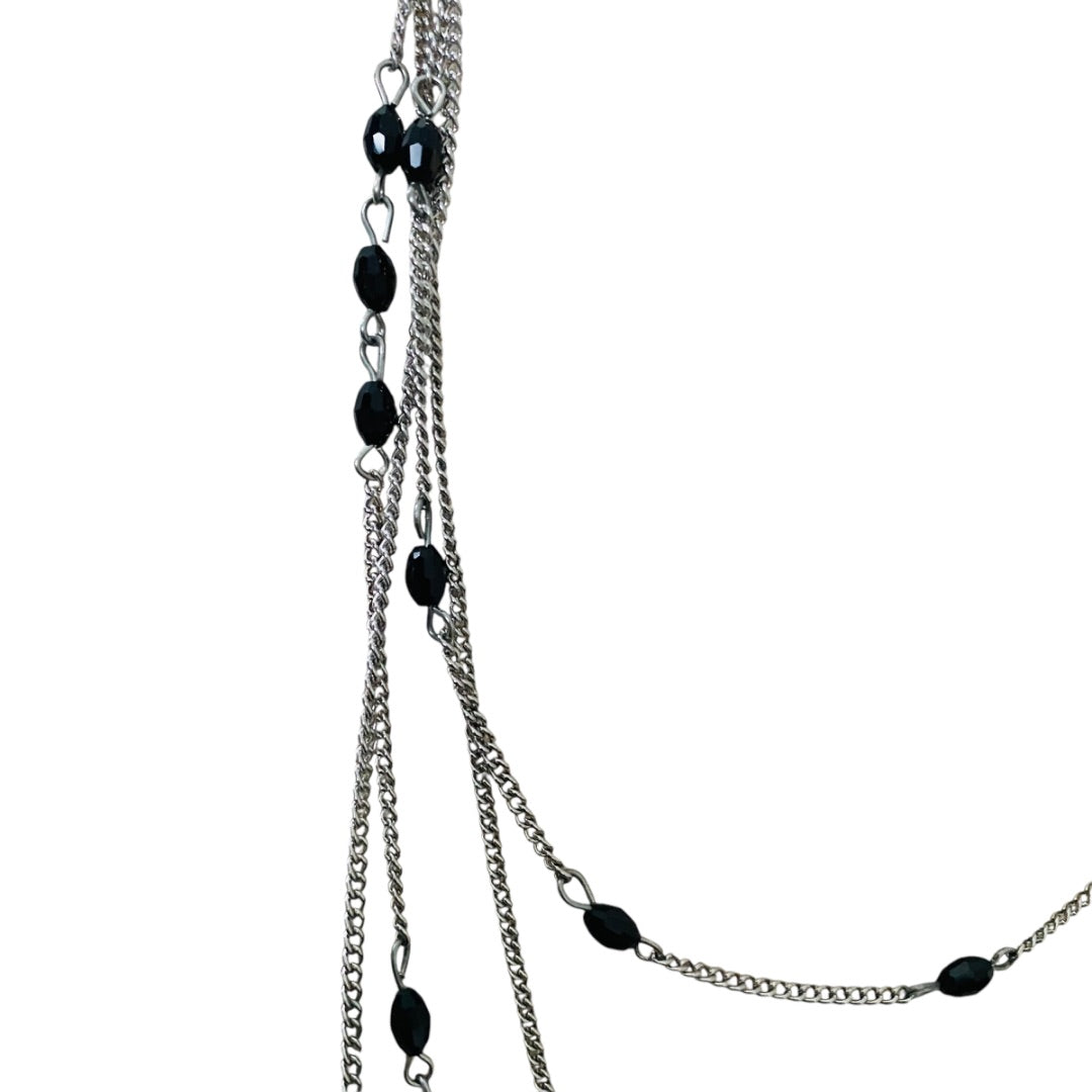 Silvertone and Black Beaded Tiered Necklace 22-25 Inches Lobster Clasp