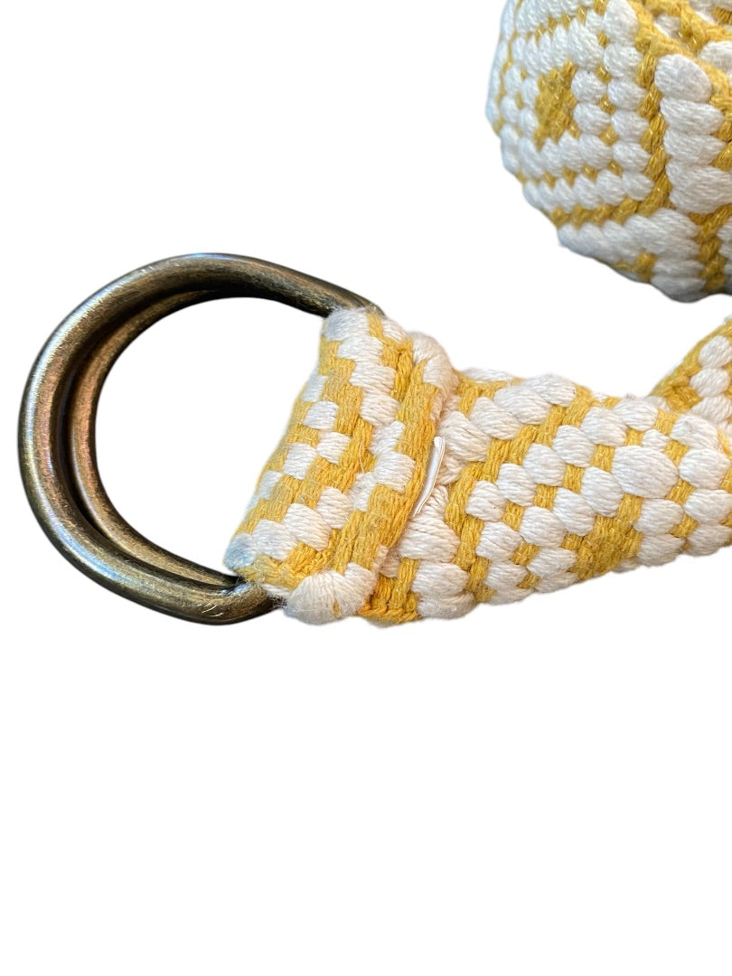 Womens Boho Woven Belt D-Ring Fringed 1.5 Inch Width Gold Off White