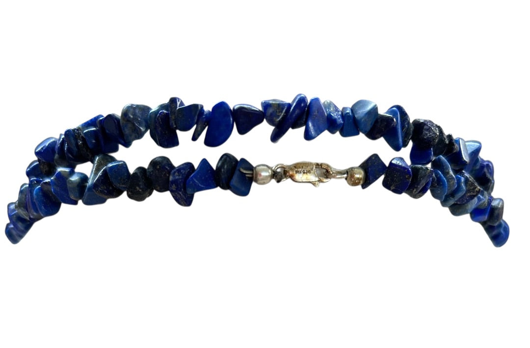 Strand String 34 Inch Necklace Lapis Lazuli Chip Stones 925 Sterling Clasp