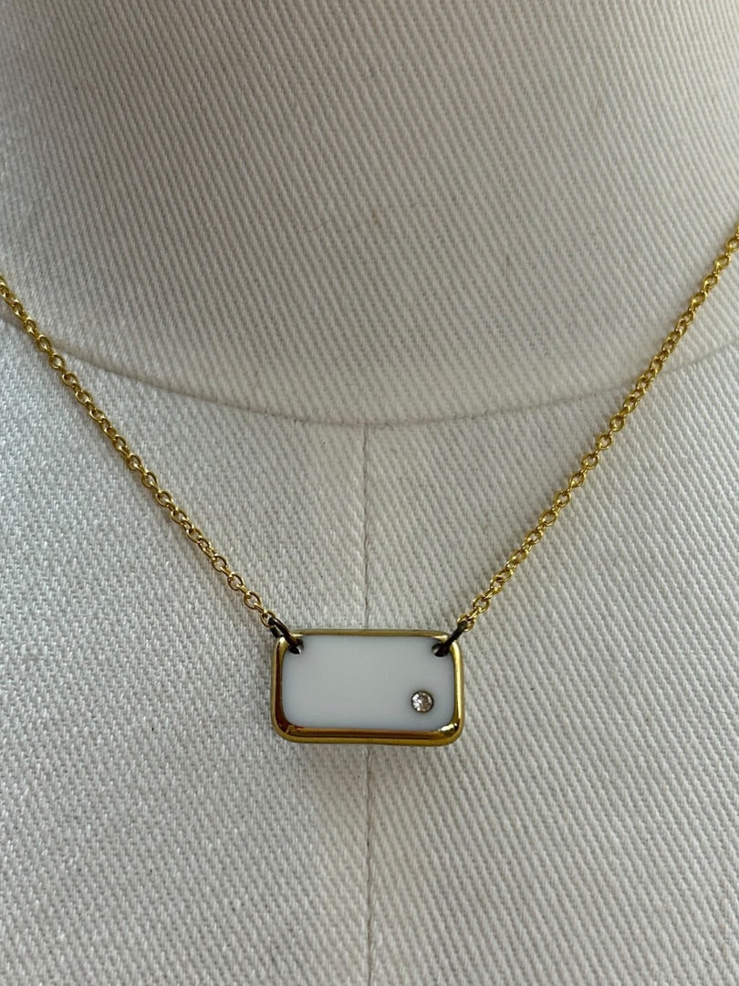 Goldtone Necklace White Rectangle Pendant 16 Inch Spring Closure