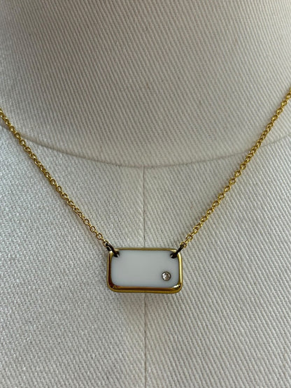 Goldtone Necklace White Rectangle Pendant 16 Inch Spring Closure