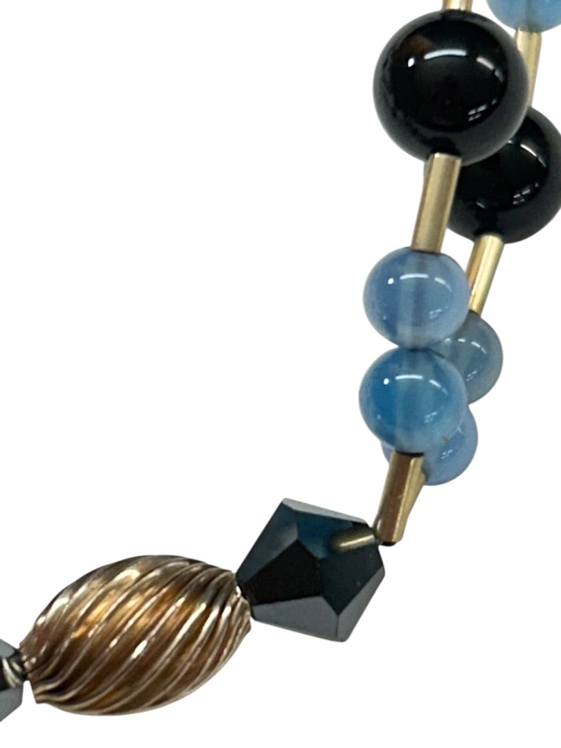 Blue Black Goldtone Shaped Beaded Bracelet 7.5 Inch Spring Clasp