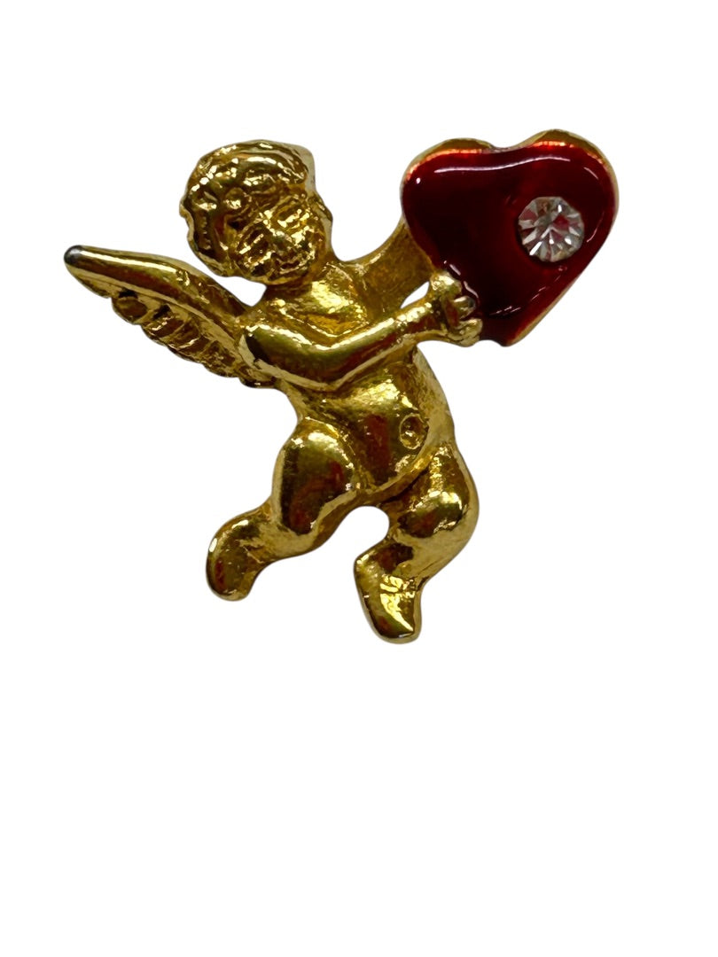 Vintage Goldtone Red Cupid Heart Lapel Pin Small .75 Inch