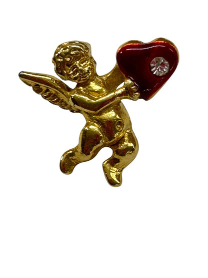 Vintage Goldtone Red Cupid Heart Lapel Pin Small .75 Inch