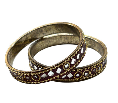 Set of 2 Goldtone and Mirrored Small Bangle Bracelets 2.25" Inside Diameter Burgundy