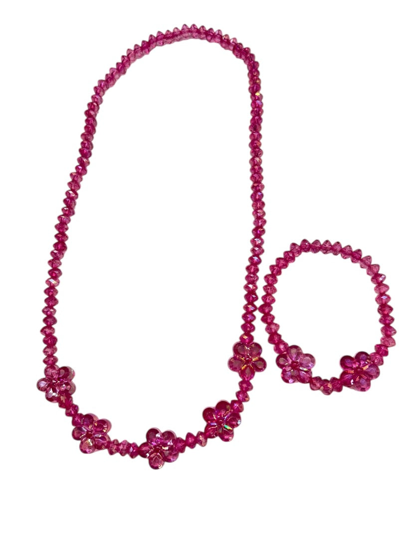 Stretch Jewelry Set Pink Daisy Acrylic Crystal Beads Necklace Bracelet