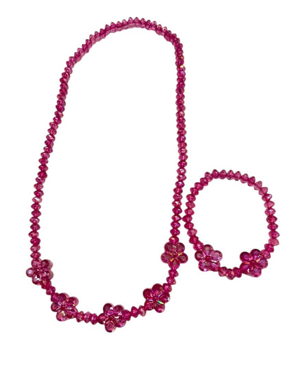 Stretch Jewelry Set Pink Daisy Acrylic Crystal Beads Necklace Bracelet