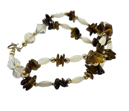 Double Strand Beaded Bracelet White Brown Goldtone Spring Clasp 8"