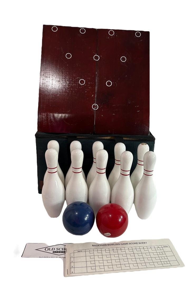 Old School Sports Portable Bowling Set Backyard Game 10 Pins 2 Balls Carry Case