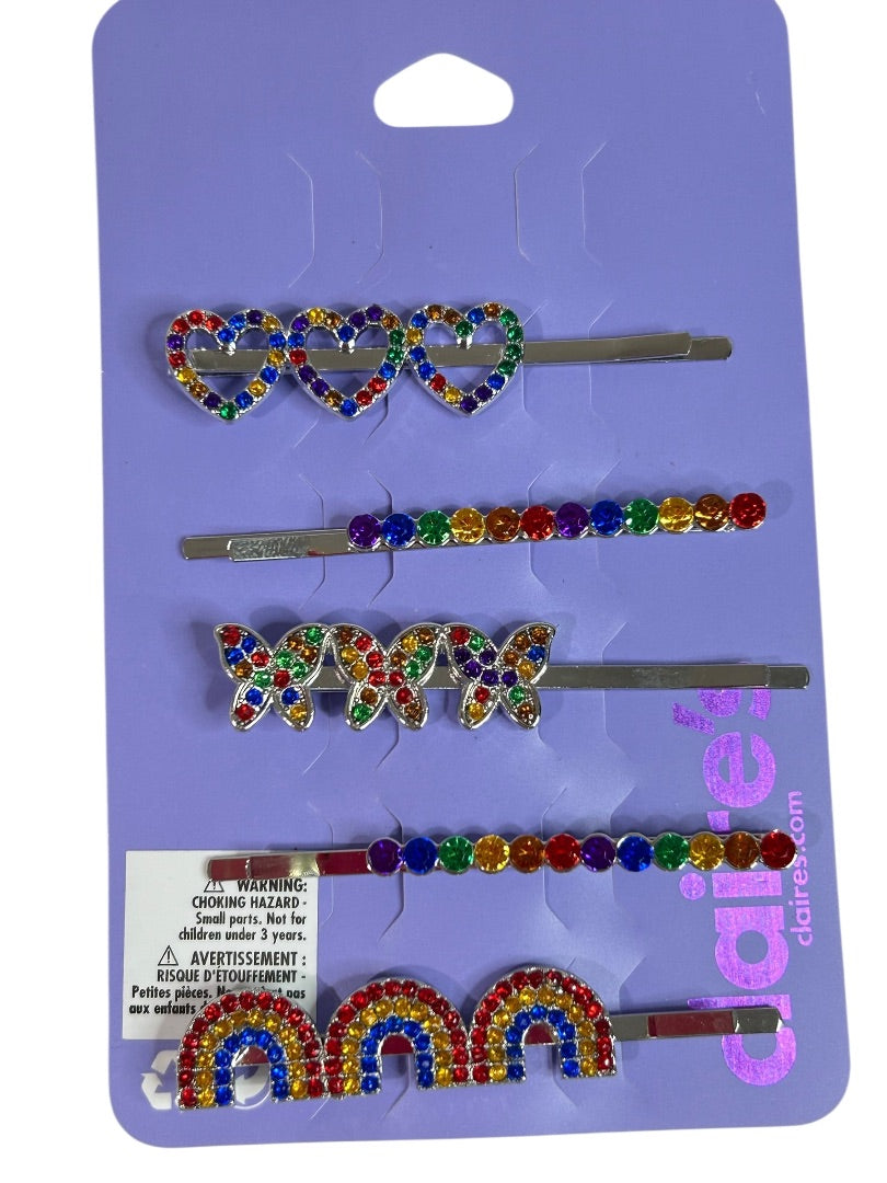 Claires New Rainbow Heart Sparkly Hair Bobby Pin Heart Butterfly