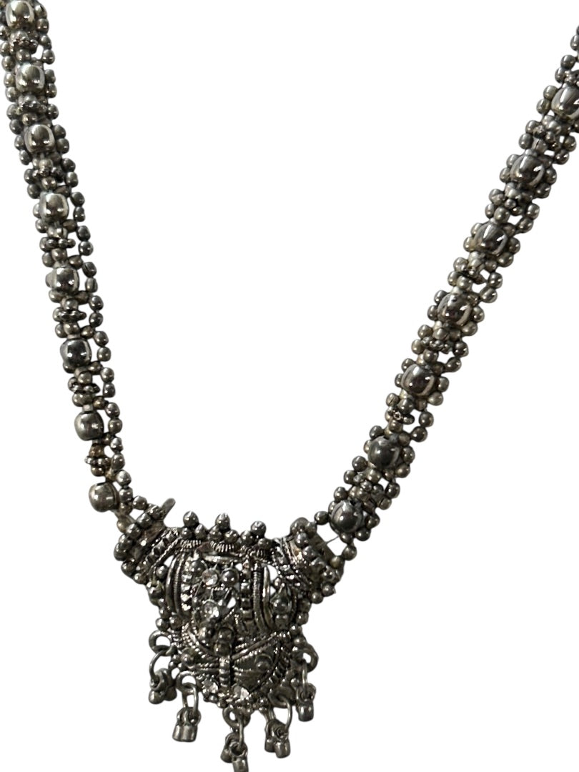 Slide Adjustable Overhead Silvertone Necklace Intricate Beading