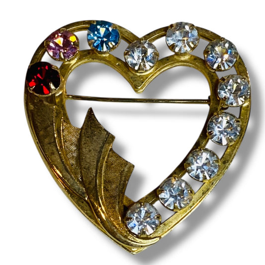 Catamore 12K GF Heart Brooch Vintage Rhinestone Gold Filled Pin USA Signed