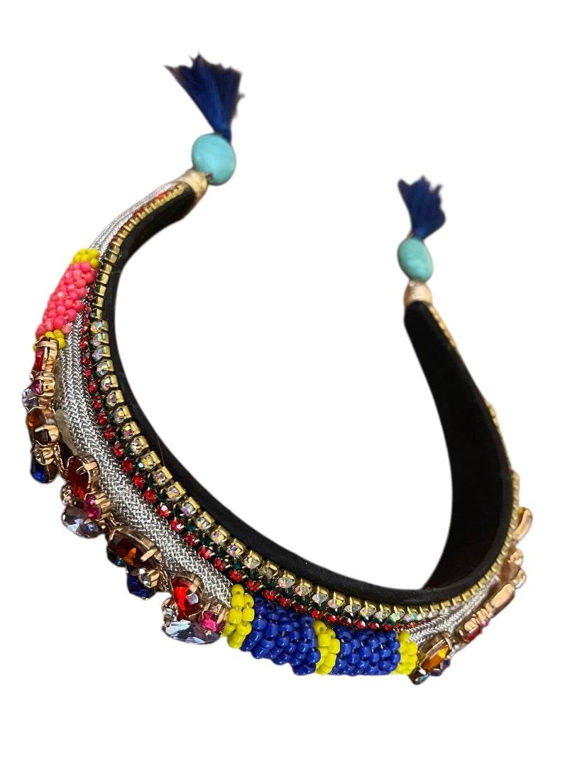 Colorful Rhinestone Jeweled Padded Headband Tassels