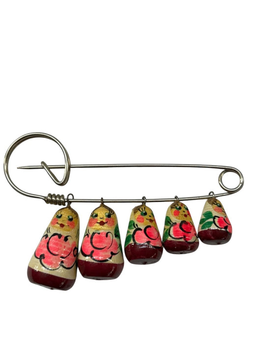 Vintage Mini Russian Matryoshka Dolls Brooch Pin Hand Painted 2.5"