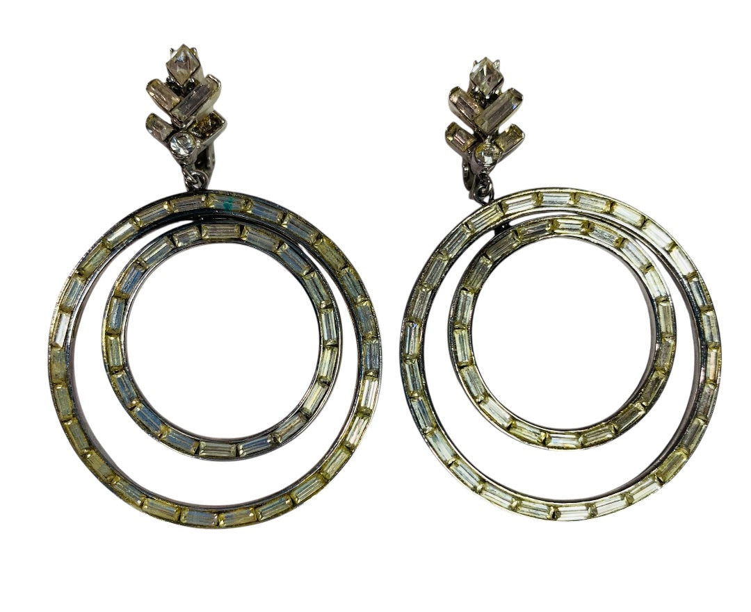 Signed Trifari Vintage Rhinestone Clip On Non-Pierced Earrings Circles 2.25" Drop
