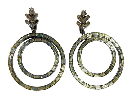 Signed Trifari Vintage Rhinestone Clip On Non-Pierced Earrings Circles 2.25" Drop