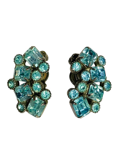 Signed Weiss Blue Crystal Earrings Clip On Non-Pierced 1.25 Inch Silvertone