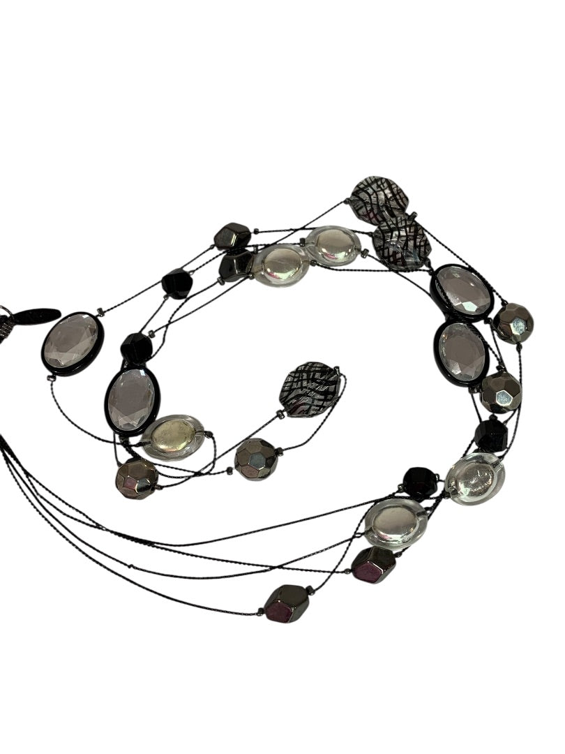 NY Double Strand Black Clear Beaded Necklace 36-40 Inch Lobster Clasp