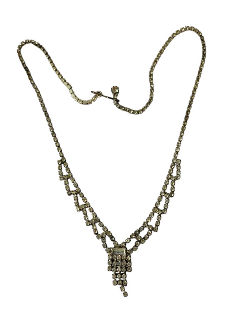 Vintage Rhinestone Swag Necklace 16.5 Inch Silvertone Hook Clasp