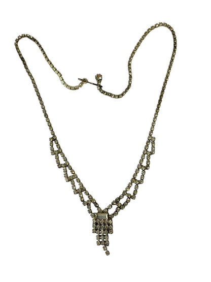 Vintage Rhinestone Swag Necklace 16.5 Inch Silvertone Hook Clasp