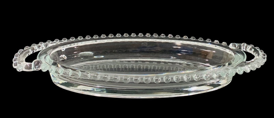 Imperial Glass Oval Celery Dish Beaded Curved Handle 13.5 Inch Candlewick