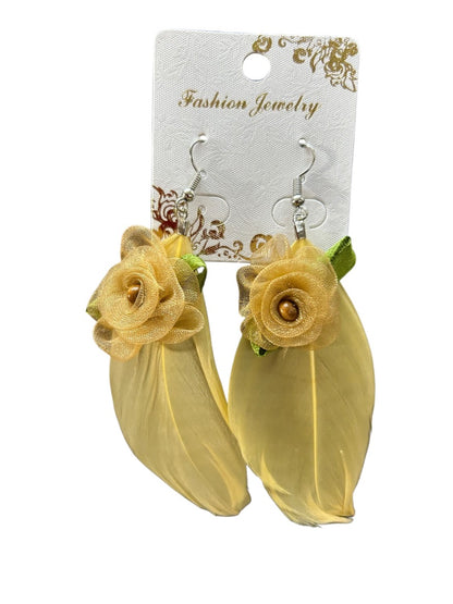 Vintage Fashion Earrings Fabric Feather Rose 3.5" Drop Fish Hook