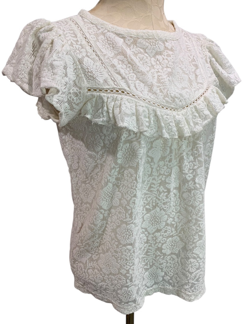 XS Loft Womens Ivory Lace Sheer Blouse Top Shirt Short Sleeve