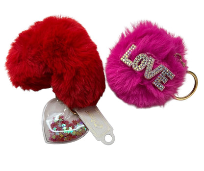 Set of 2 Puffy Plush Keyring Key Chains Red Heart Pink Love