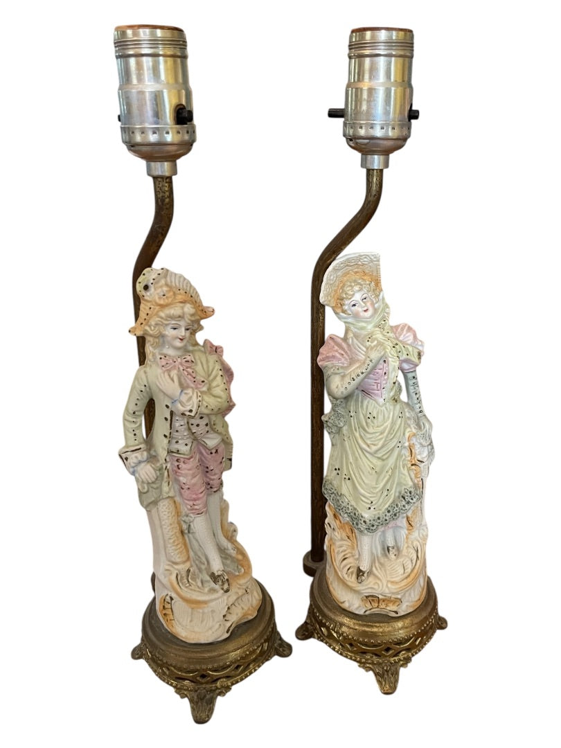 Vintage Table Boudoir Lamps Figural Victorian Man Woman Porcelain 14.5"h F30