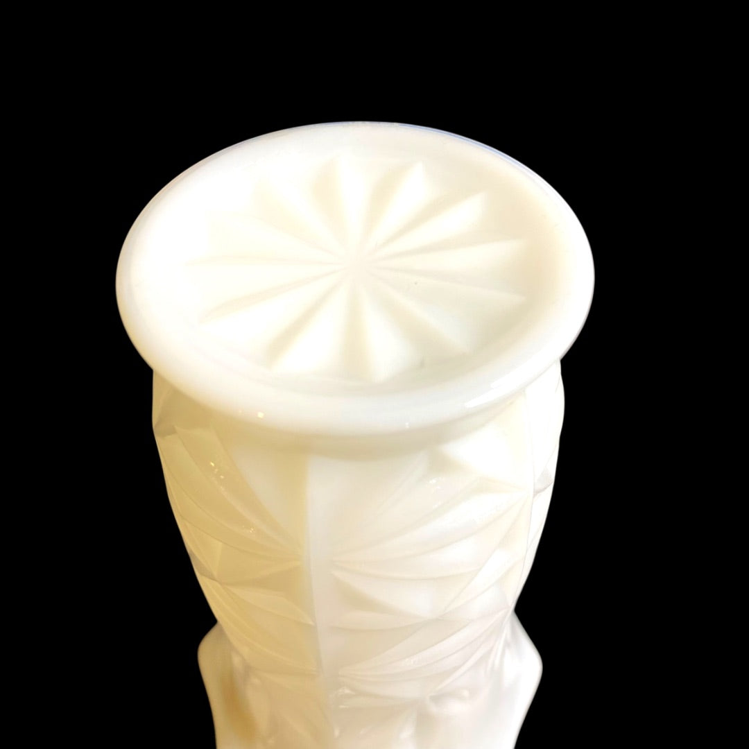 Hazel-Atlas Opaque Milk Glass Vase 5.5" with Sticker Starburst Ruffle Edge