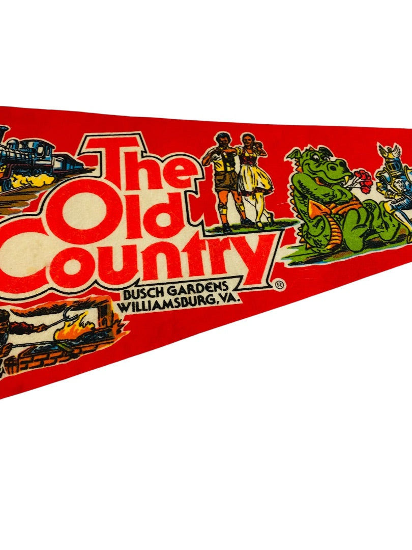 1980s 29 Inch Busch Gardens The Old Country Pennant Souvenir Felt Flag