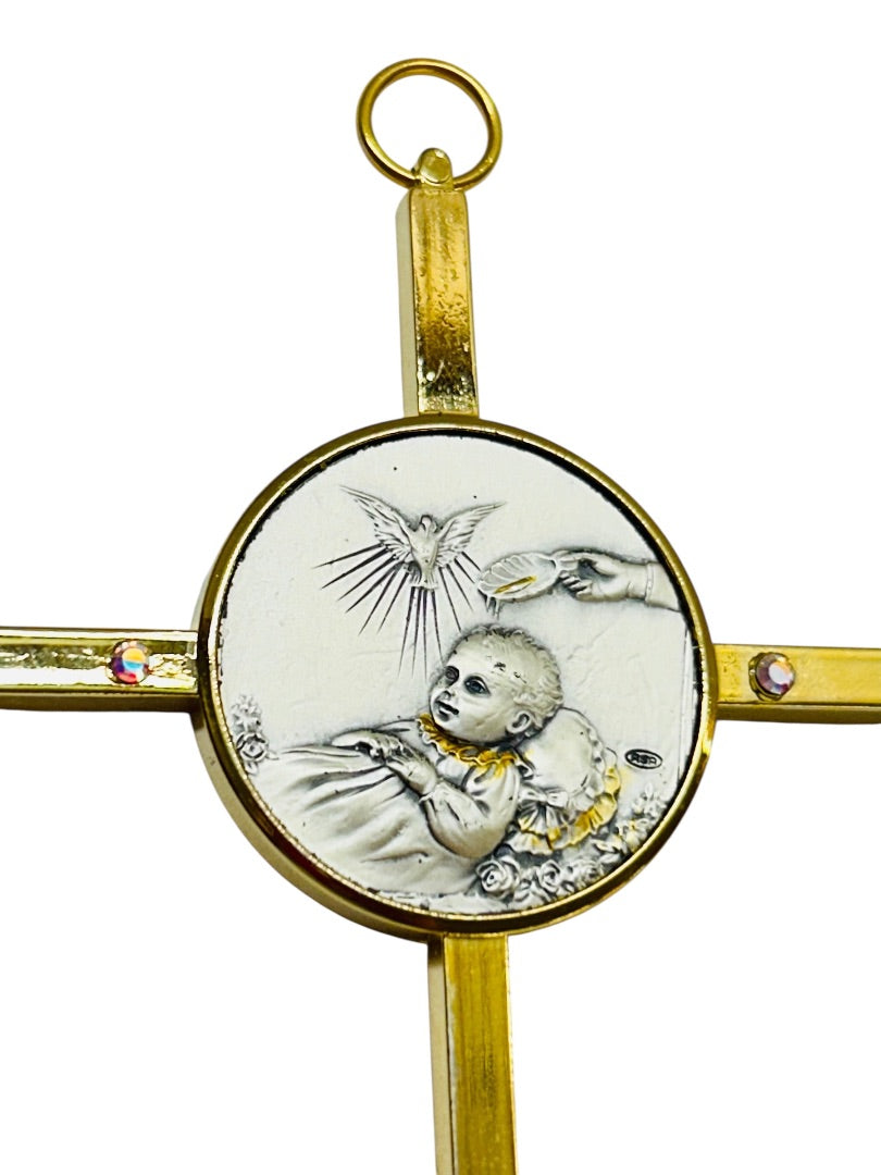 Goldtone Christening Cross Baptism Wall Hanging Baby Gift 5"