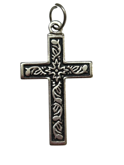 Silvertone Black Ornate Pendant Cross Religious 1.2"
