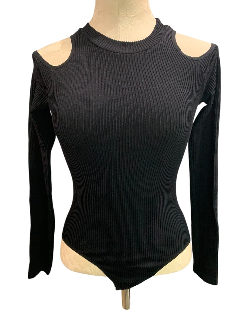 M/L Fashion Nova Womens Black Ribbed Bodysuit Cold Shoulder