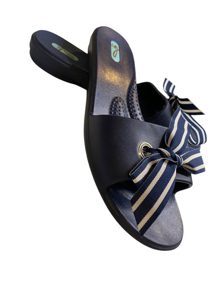 Large (9/10) Oka B Womens Navy Blue Slide Sandal Shoes Grosgrain Ribbon Bow
