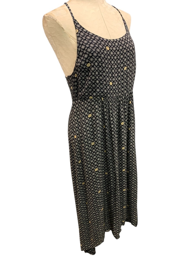 Large Roxy Maxi Dress Side Zip Black Tan Boho Print