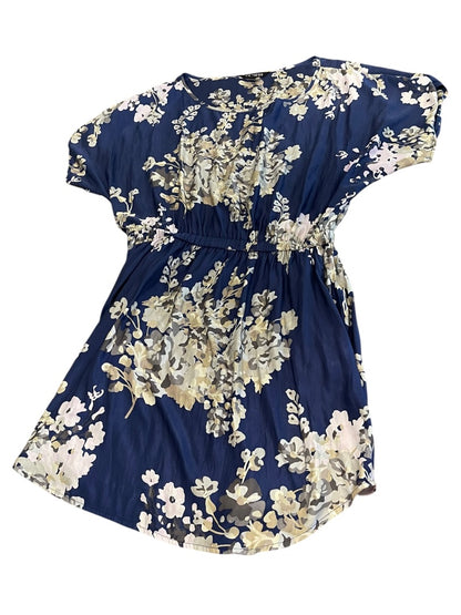 Large Express Floral Scoop Neck Elastic Waist Mini Dress Blue Pockets