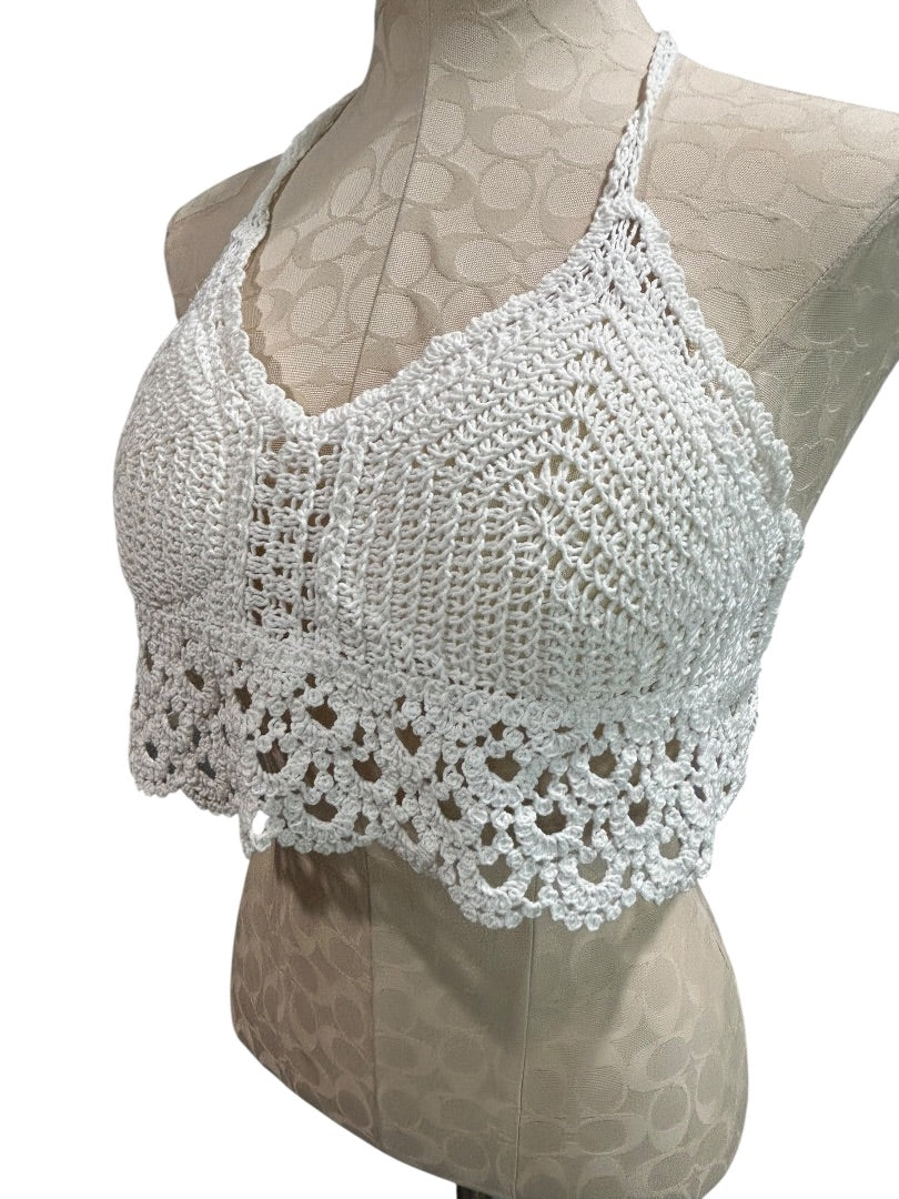Small Crochet White Tie Crop Top Boho Padded