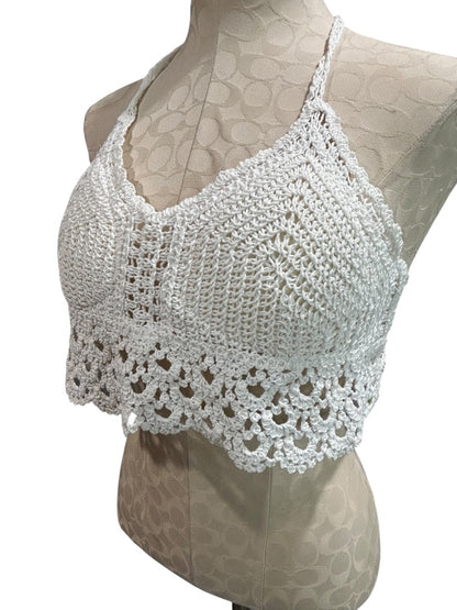 Small Crochet White Tie Crop Top Boho Padded