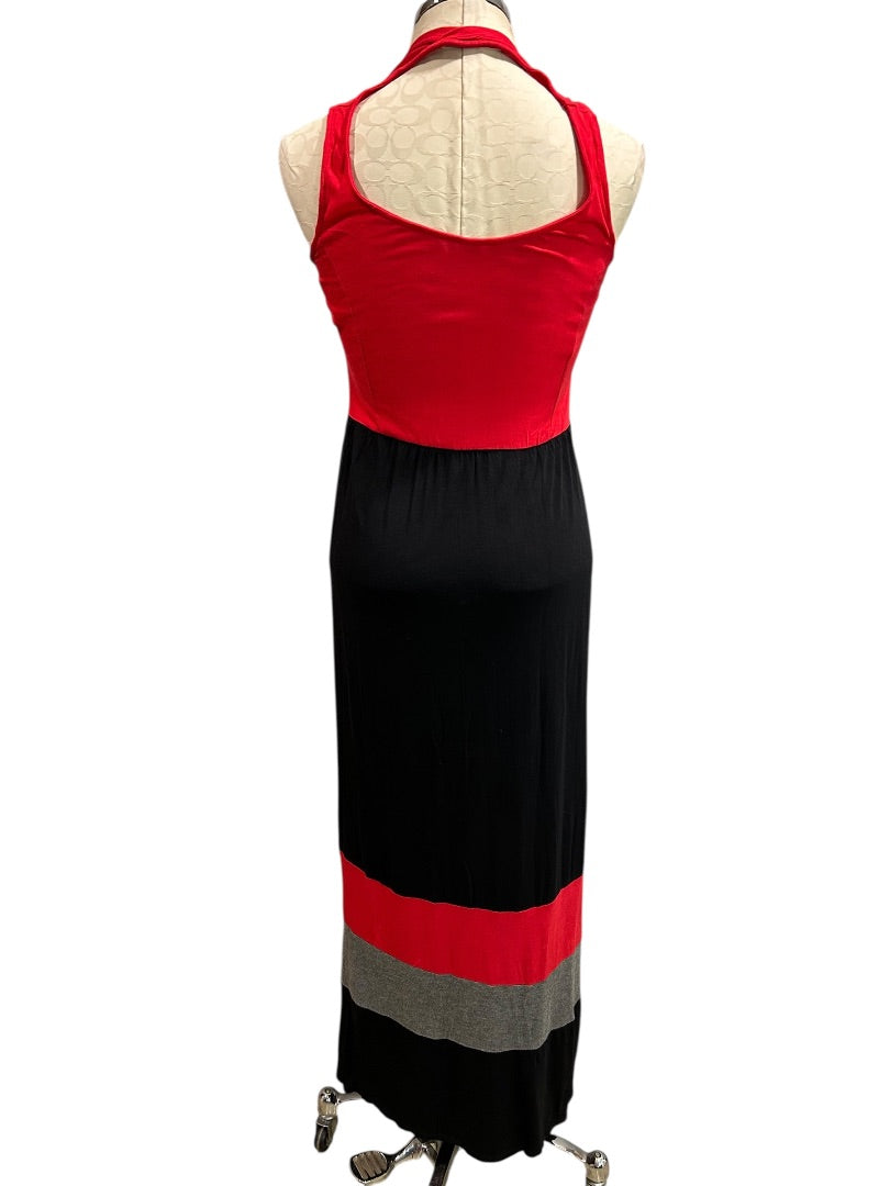Medium Pink Rose Jersey Knit Maxi Dress Color Block Cut Out Back